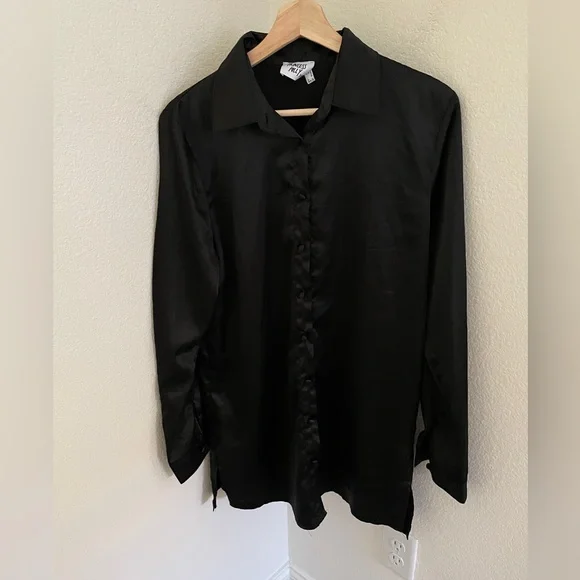 PRINCESS POLLY 90210 SATIN SHIRT MINI DRESS BLACK size 6 long sleeve - Picture 2 of 7